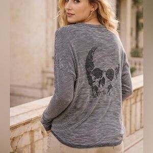 Skull Cashmere Black and White Striped Cotton Skull Graphic Back Crewneck Sz M